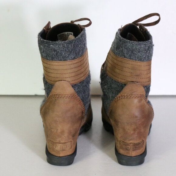 Sorel Lexie Wedge Felt Leather Ankle Boot 8 Brown Gray Lace Up Waterproof Winter - Picture 7 of 10